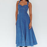 Ellora Criss-Cross Back Denim Maxi Dress Navy