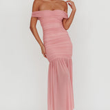 La Salle Off Shoulder Mesh Maxi Dress Pink