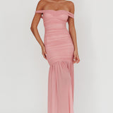 La Salle Off Shoulder Mesh Maxi Dress Pink