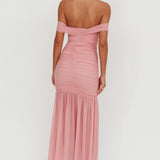 La Salle Off Shoulder Mesh Maxi Dress Pink