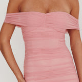 La Salle Off Shoulder Mesh Maxi Dress Pink