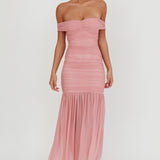 La Salle Off Shoulder Mesh Maxi Dress Pink