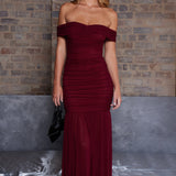 La Salle Off Shoulder Mesh Maxi Dress Wine