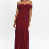 La Salle Off Shoulder Mesh Maxi Dress Wine