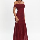 La Salle Off Shoulder Mesh Maxi Dress Wine