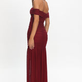 La Salle Off Shoulder Mesh Maxi Dress Wine