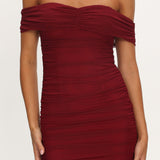 La Salle Off Shoulder Mesh Maxi Dress Wine