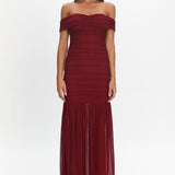 La Salle Off Shoulder Mesh Maxi Dress Wine