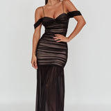La Salle Ruched Mesh Maxi Dress Black
