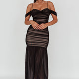 La Salle Ruched Mesh Maxi Dress Black