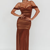 La Salle Ruched Mesh Maxi Dress Chocolate