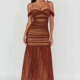 La Salle Ruched Mesh Maxi Dress Chocolate