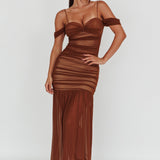 La Salle Ruched Mesh Maxi Dress Chocolate