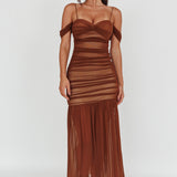 La Salle Ruched Mesh Maxi Dress Chocolate