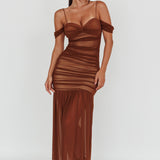 La Salle Ruched Mesh Maxi Dress Chocolate