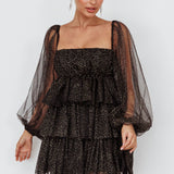 Spring Morning Long Sleeve Tiered Mini Dress Black/Gold
