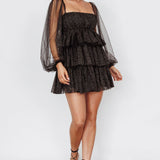 Spring Morning Long Sleeve Tiered Mini Dress Black/Gold