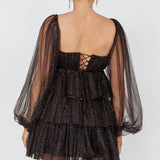 Spring Morning Long Sleeve Tiered Mini Dress Black/Gold