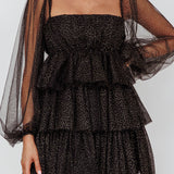 Spring Morning Long Sleeve Tiered Mini Dress Black/Gold