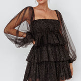 Spring Morning Long Sleeve Tiered Mini Dress Black/Gold