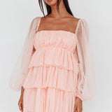 Spring Morning Long Sleeve Tiered Mini Dress Pink