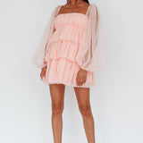 Spring Morning Long Sleeve Tiered Mini Dress Pink