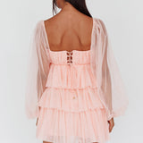 Spring Morning Long Sleeve Tiered Mini Dress Pink