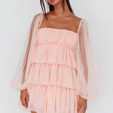 Spring Morning Long Sleeve Tiered Mini Dress Pink