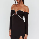 A-List Diamante Trim Long Sleeve Mini Dress Black