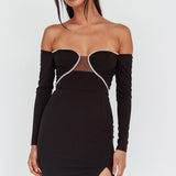 A-List Diamante Trim Long Sleeve Mini Dress Black