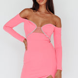 A-List Diamante Trim Long Sleeve Mini Dress Hot Pink