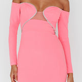 A-List Diamante Trim Long Sleeve Mini Dress Hot Pink