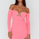 A-List Diamante Trim Long Sleeve Mini Dress Hot Pink