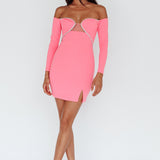 A-List Diamante Trim Long Sleeve Mini Dress Hot Pink