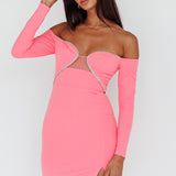 A-List Diamante Trim Long Sleeve Mini Dress Hot Pink