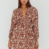 Going Your Way Long Sleeve Mini Dress Floral Brown
