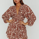 Going Your Way Long Sleeve Mini Dress Floral Brown