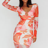 Chardae Long Sleeve Mesh Midi Dress Floral Pink