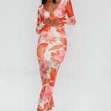 Chardae Long Sleeve Mesh Midi Dress Floral Pink
