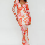 Chardae Long Sleeve Mesh Midi Dress Floral Pink