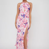 Nirvana Halterneck Split Midi Dress Floral Pink