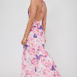 Nirvana Halterneck Split Midi Dress Floral Pink