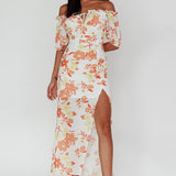 Jalynn Off-Shoulder Split Midi Dress Floral Orange