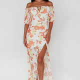 Jalynn Off-Shoulder Split Midi Dress Floral Orange