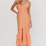 Silvana Frill Trim Split Maxi Dress Orange