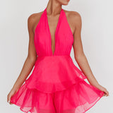Behati Tiered Ruffles Halter Neck Romper Rose