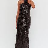 High Roller Flower Decoration Halter Dress Sequin Black