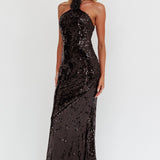 High Roller Flower Decoration Halter Dress Sequin Black