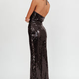 High Roller Flower Decoration Halter Dress Sequin Black