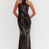 High Roller Flower Decoration Halter Dress Sequin Black